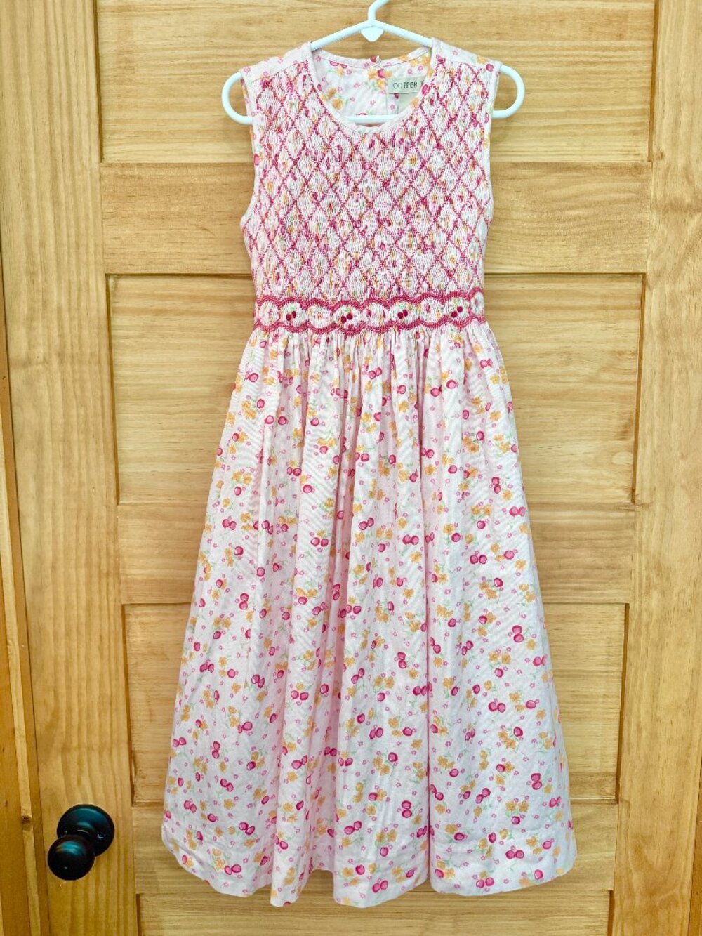 Copper Key Smocked Pink Cherries Bow Tie Summer Cotton Long Maxi Dress Girls 6X